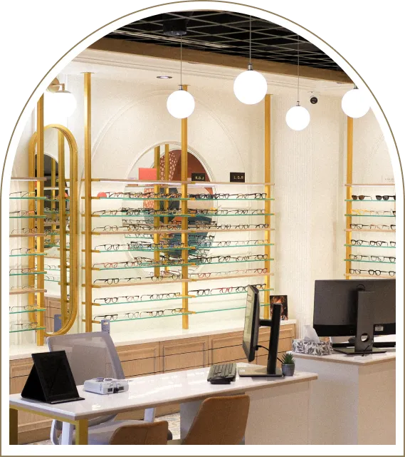 Modern optometry showroom with eyewear displays and exam desks