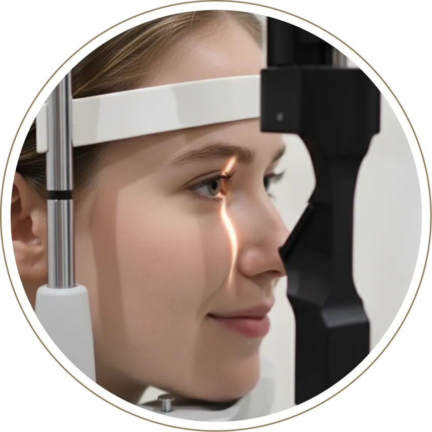 Patient receiving slit lamp eye examination