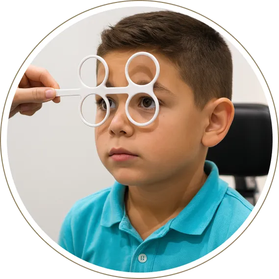 Child having eye exam using trial frame lenses