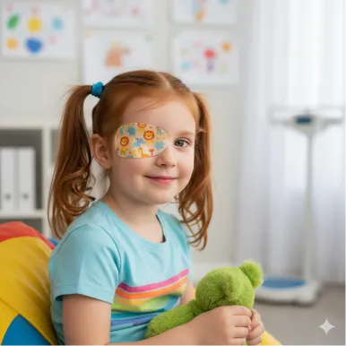 Child wearing eye patch for amblyopia vision therapy