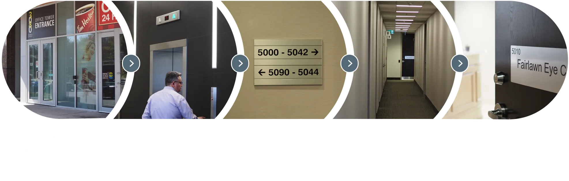 Step-by-step directions to Fairlawn Eye Care: Enter the office tower at street level, take the elevator to the 5th floor, follow hallway signage toward suites 5000–5042, walk down the corridor, and enter Suite 5010.